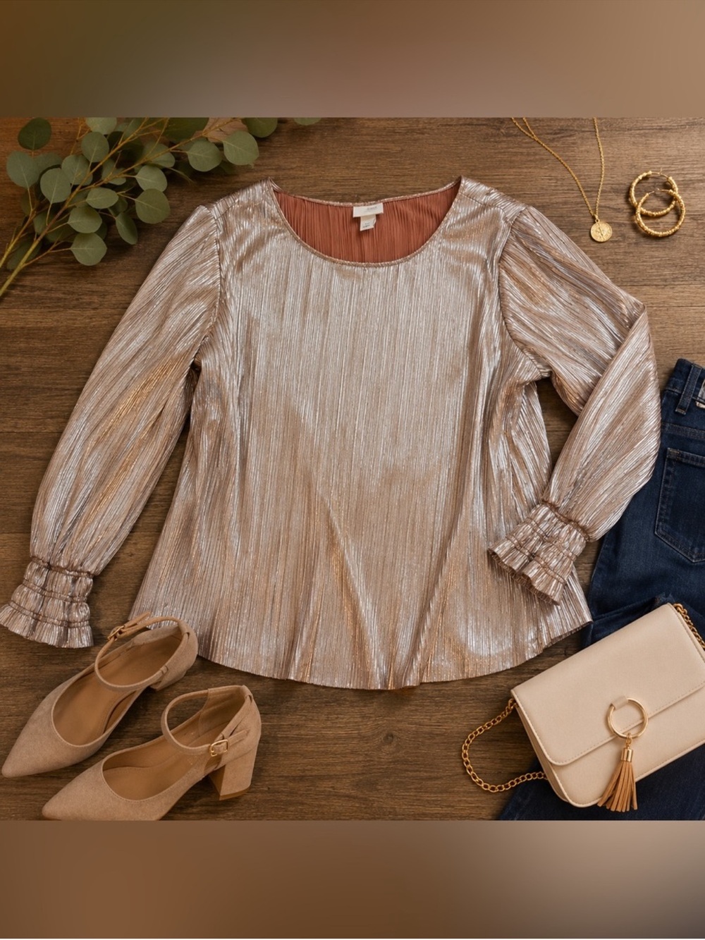 Ava & Viv Rose Gold Metallic Pleated Puff Sleeve Blouse Plus Size 2X